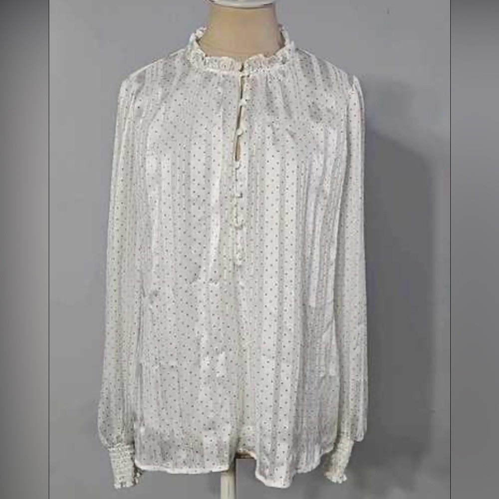 Tamara H Womens XL White Polka Dot Ruffle Neck Pleated Dobby Blouse Long Sleeve